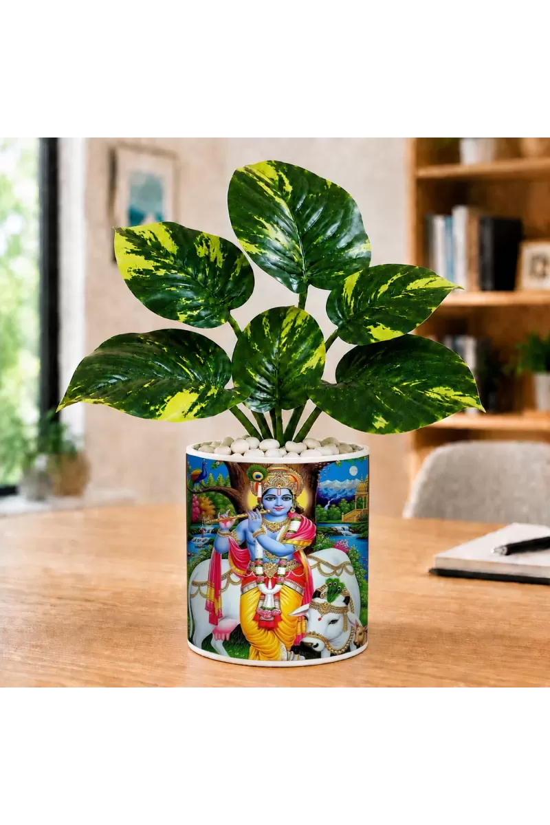 Artificial Tree Ceramic Photo Pot With White Stones 3x4 Inch (F165466)