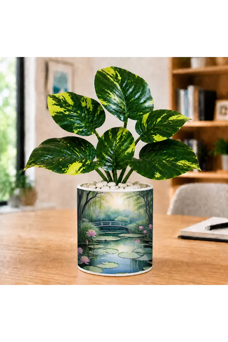 Artificial Tree Ceramic Photo Pot With White Stones 3x4 Inch (F165472)