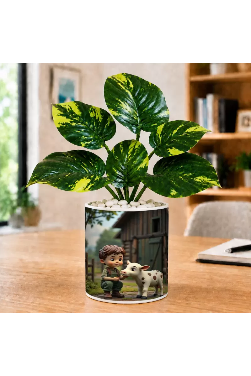 Artificial Tree Ceramic Photo Pot With White Stones 3x4 Inch (F165484)