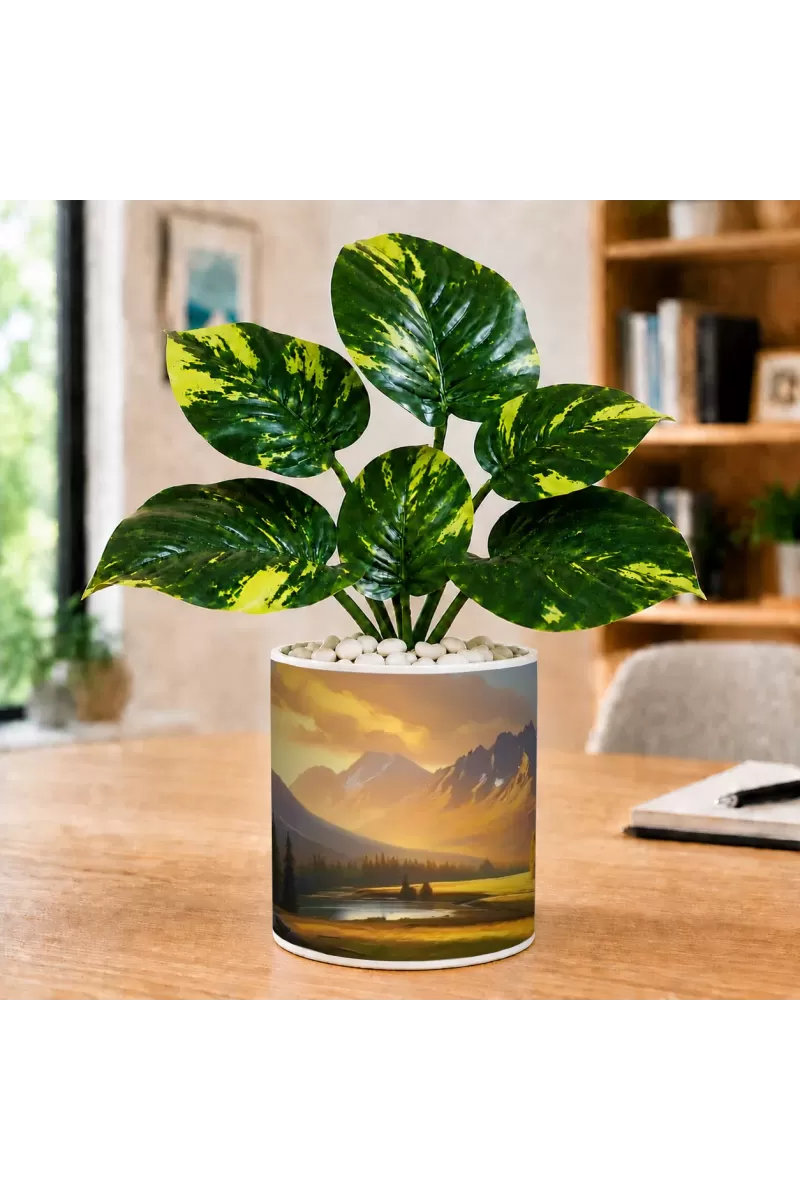 Artificial Tree Ceramic Photo Pot With White Stones 3x4 Inch (F165491)
