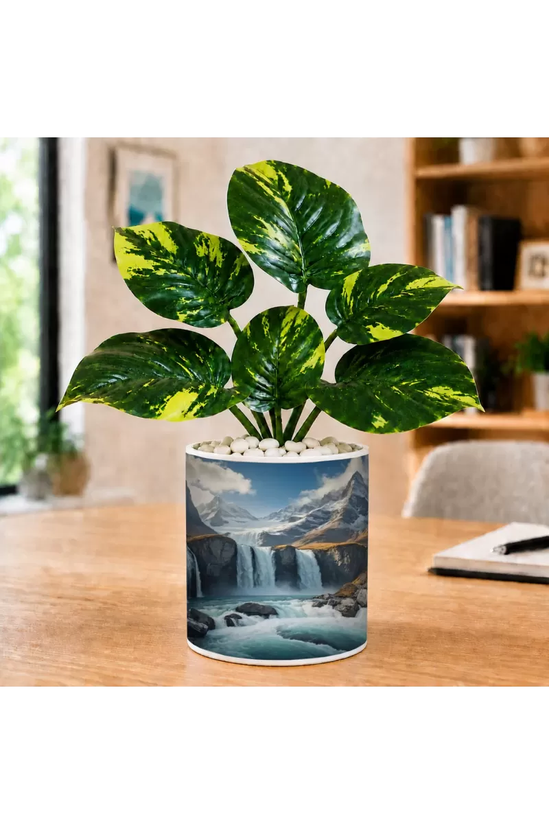 Artificial Tree Ceramic Photo Pot With White Stones 3x4 Inch (F165499)