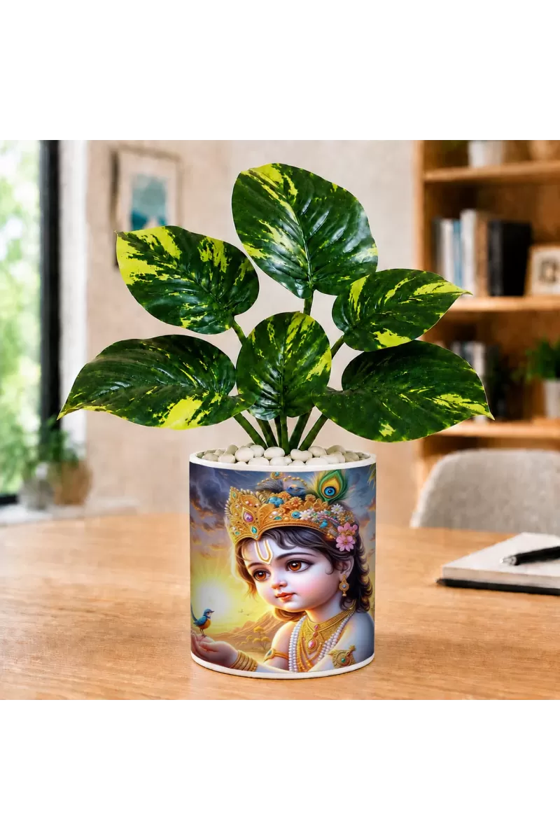 Artificial Tree Ceramic Photo Pot With White Stones 3x4 Inch (F165500)