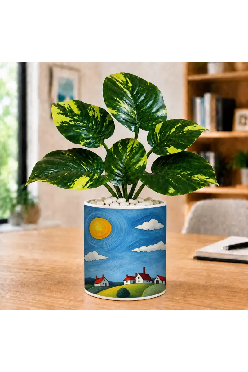 Artificial Tree Ceramic Photo Pot With White Stones 3x4 Inch (F165517)