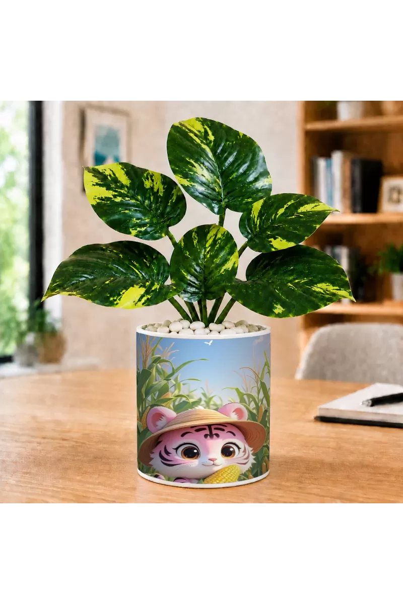 Artificial Tree Ceramic Photo Pot With White Stones 3x4 Inch (F165520)