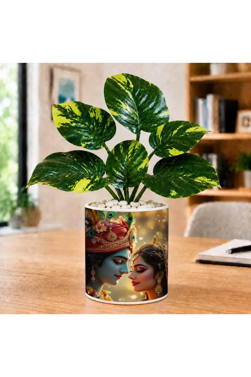 Artificial Tree Ceramic Photo Pot With White Stones 3x4 Inch (F165537)