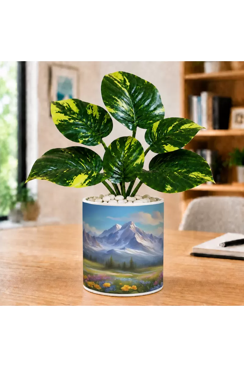 Artificial Tree Ceramic Photo Pot With White Stones 3x4 Inch (F165546)
