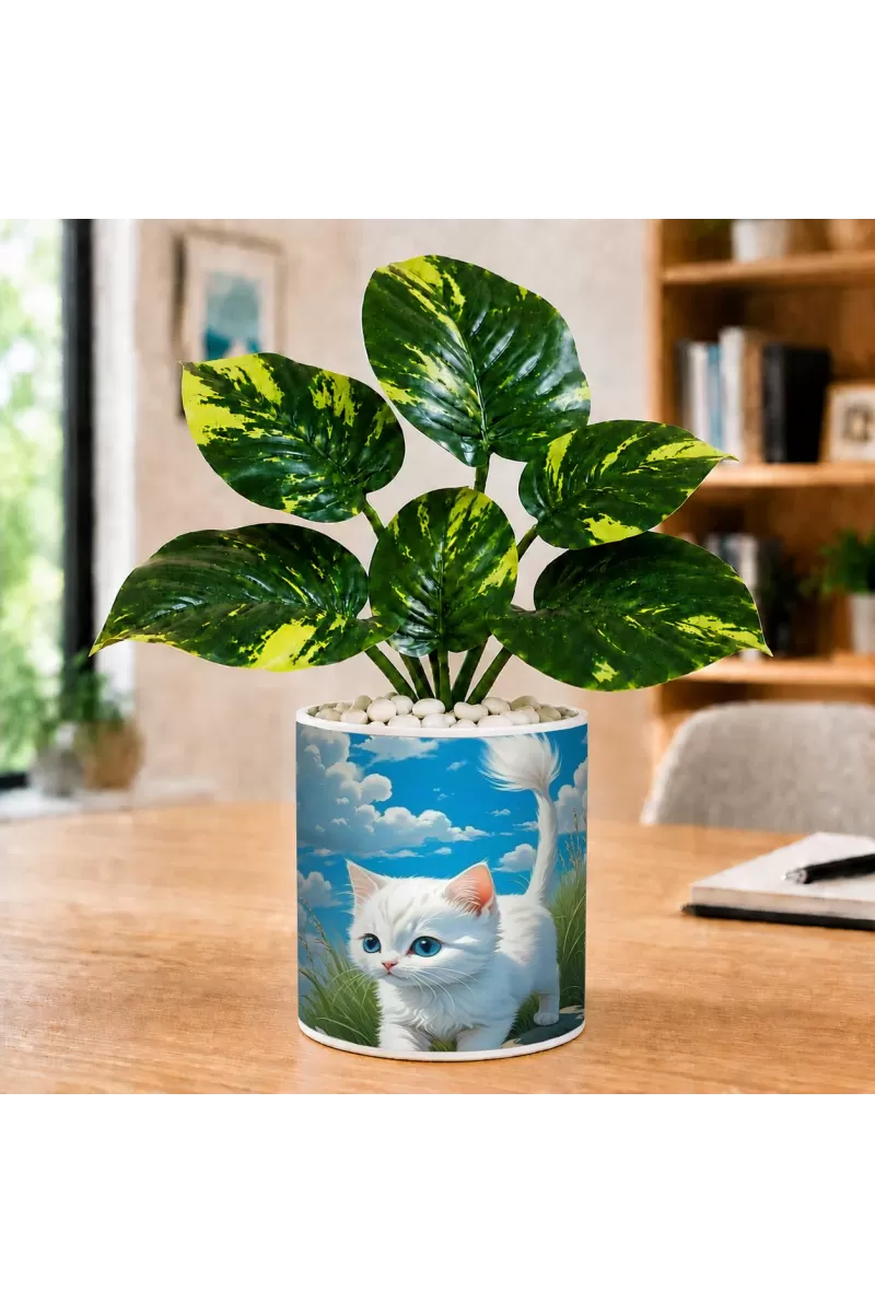 Artificial Tree Ceramic Photo Pot With White Stones 3x4 Inch (F165551)