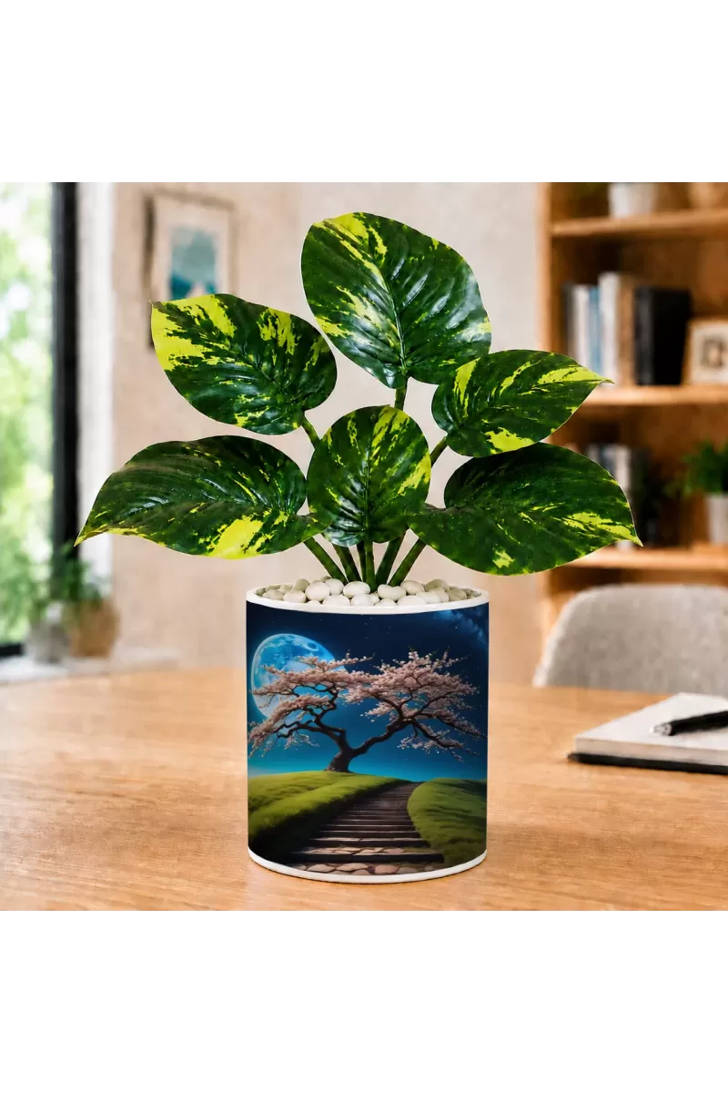 Artificial Tree Ceramic Photo Pot With White Stones 3x4 Inch (F165555)