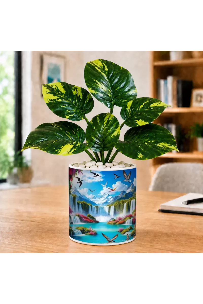 Artificial Tree Ceramic Photo Pot With White Stones 3x4 Inch (F165559)