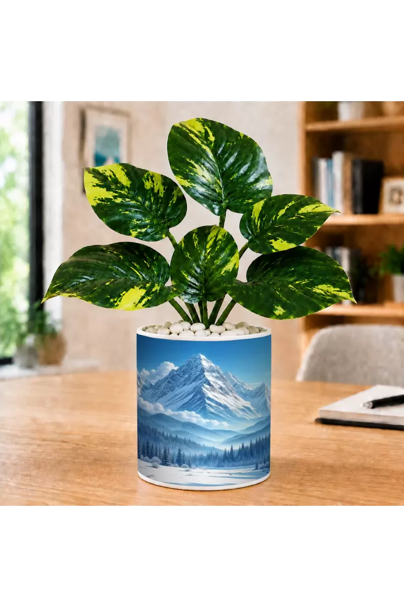 Artificial Tree Ceramic Photo Pot With White Stones 3x4 Inch (F165572)