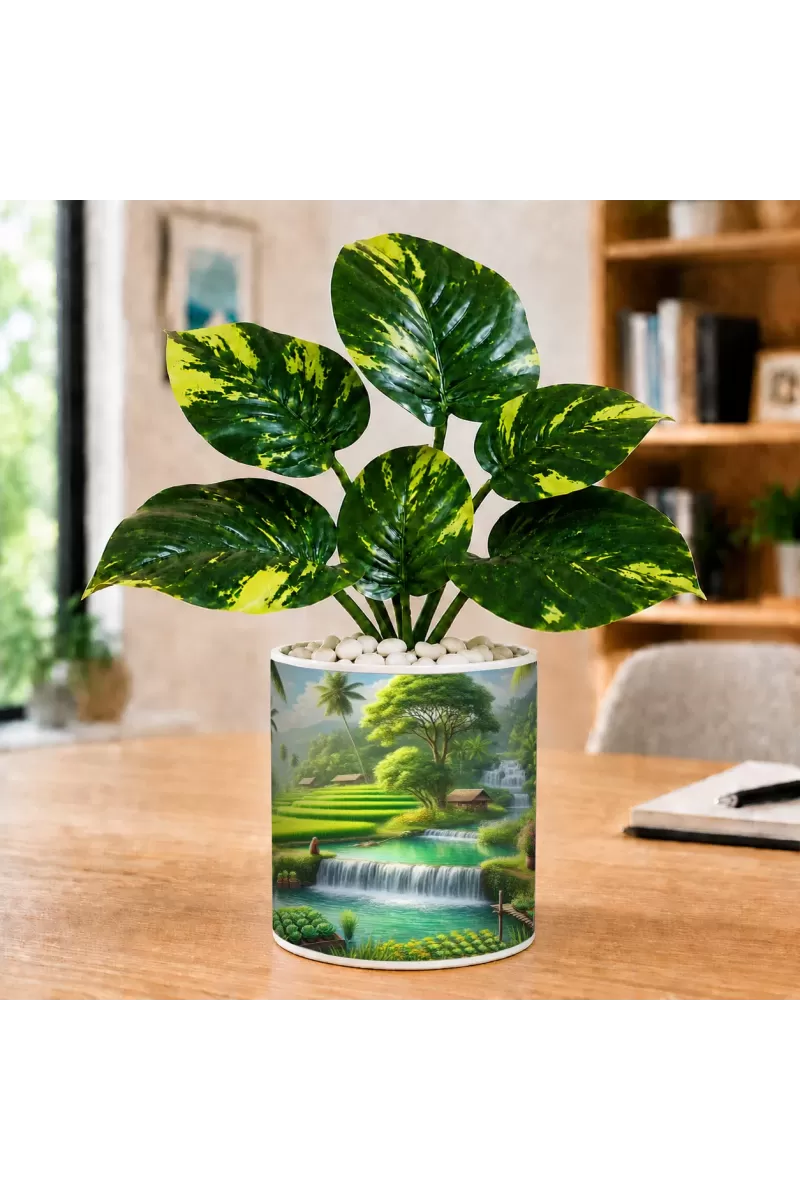 Artificial Tree Ceramic Photo Pot With White Stones 3x4 Inch (F165575)