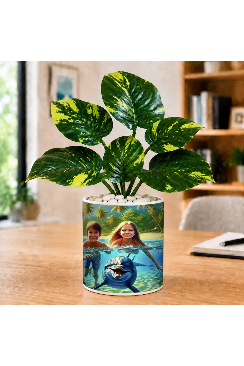 Artificial Tree Ceramic Photo Pot With White Stones 3x4 Inch (F165581)