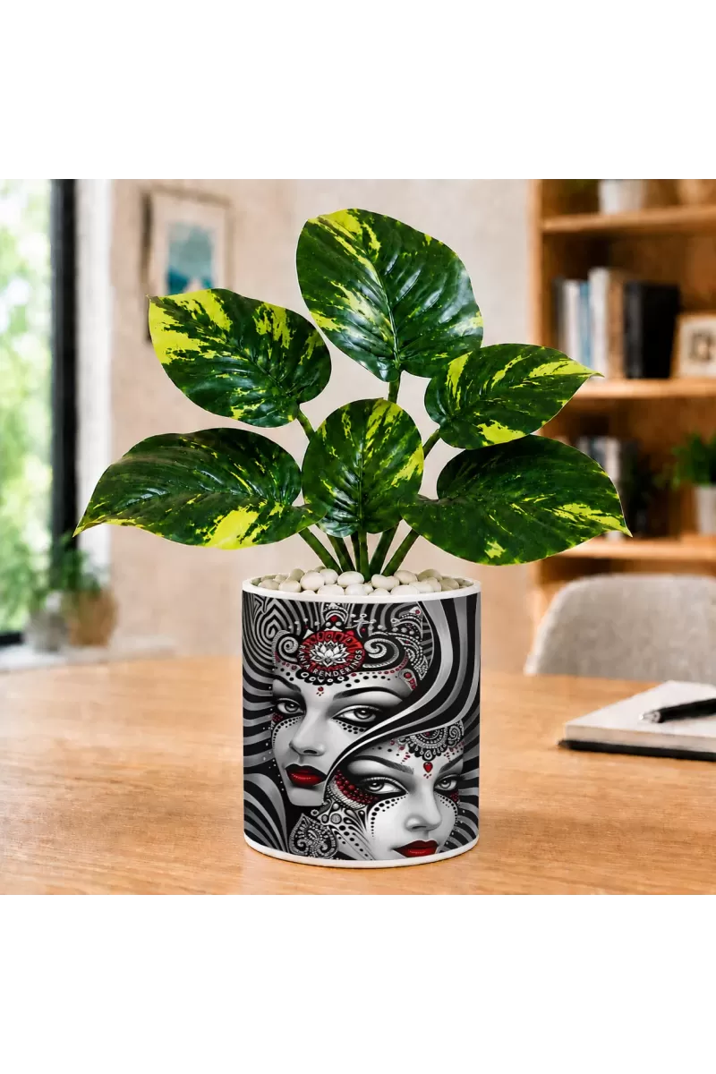Artificial Tree Ceramic Photo Pot With White Stones 3x4 Inch (F165584)