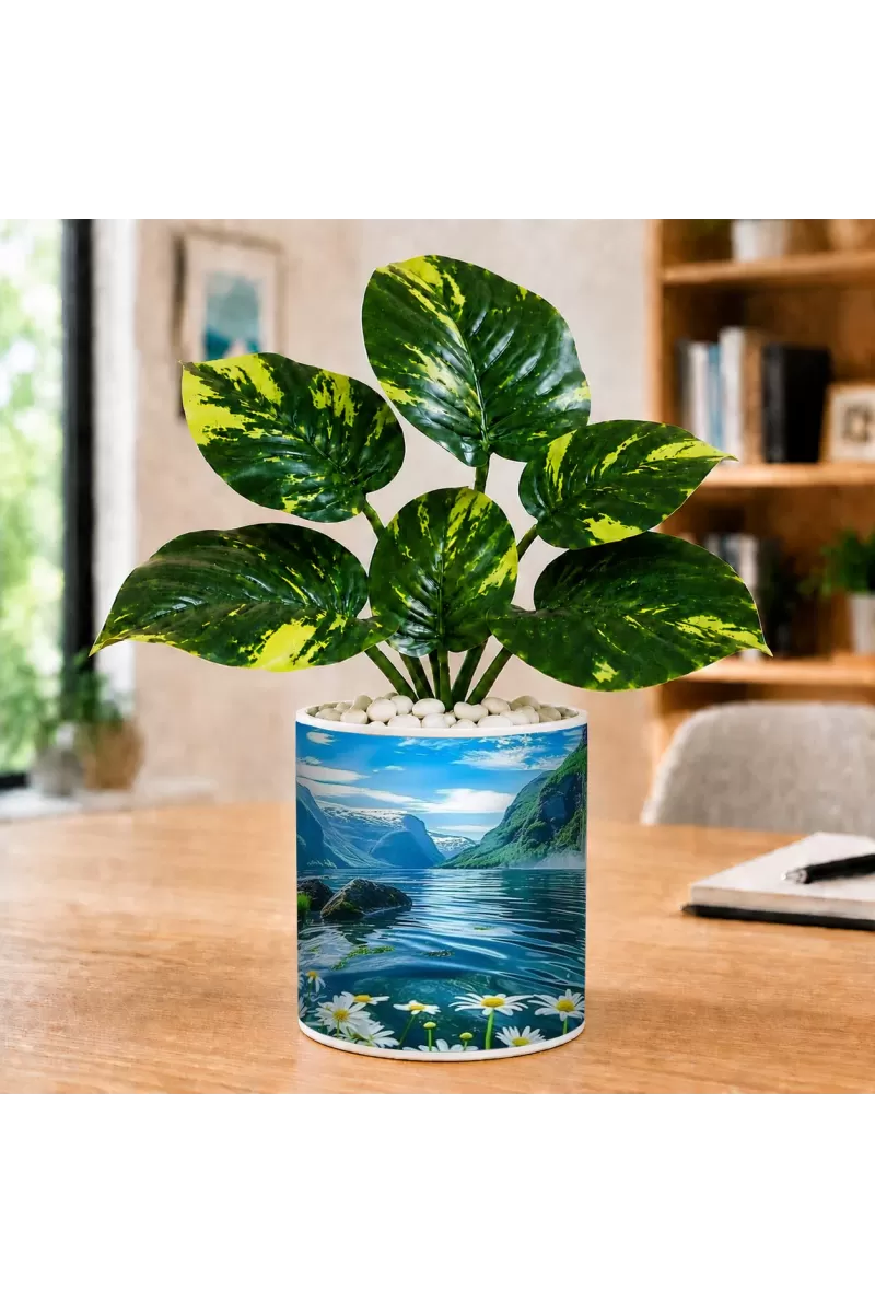 Artificial Tree Ceramic Photo Pot With White Stones 3x4 Inch (F165590)
