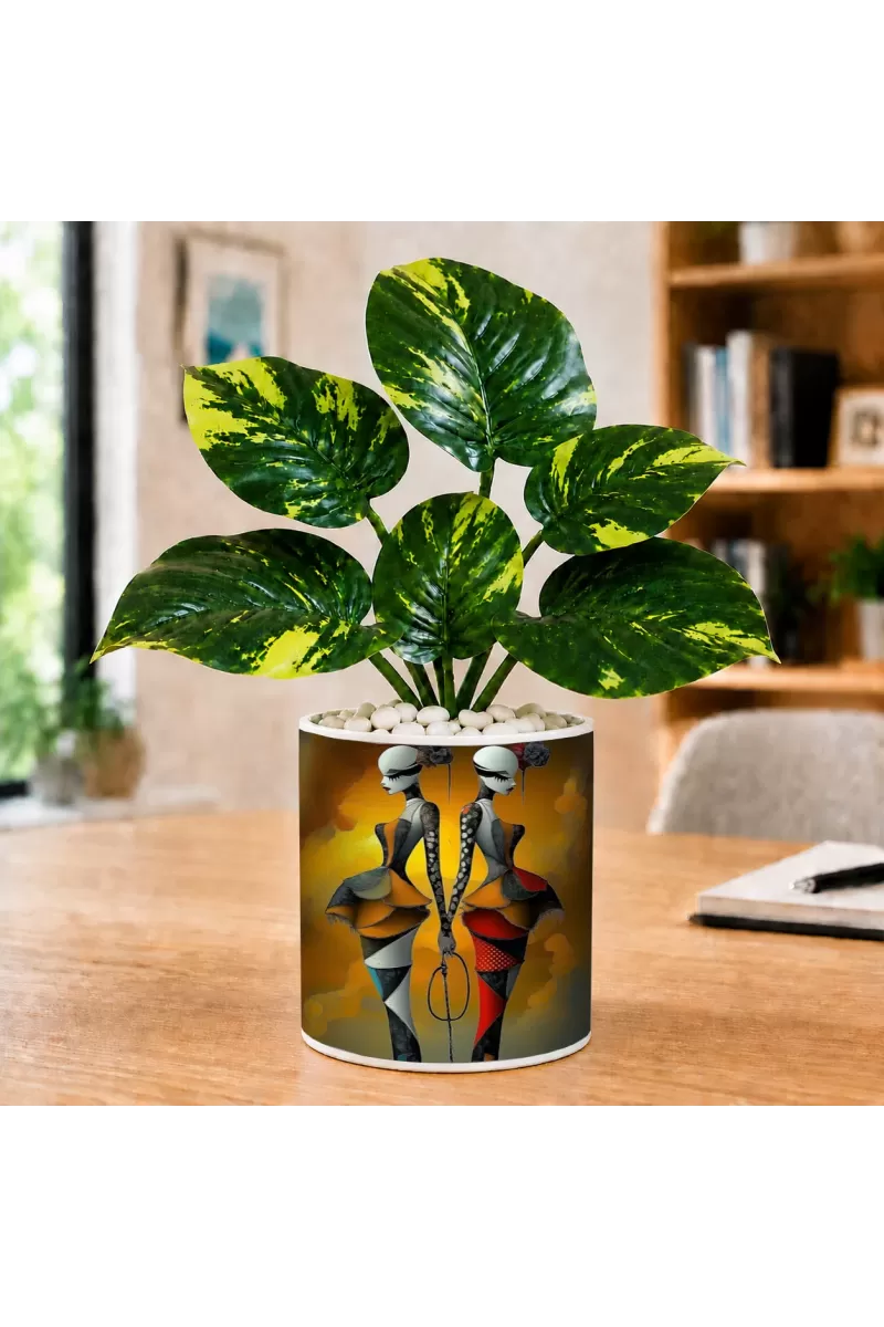 Artificial Tree Ceramic Photo Pot With White Stones 3x4 Inch (F165591)