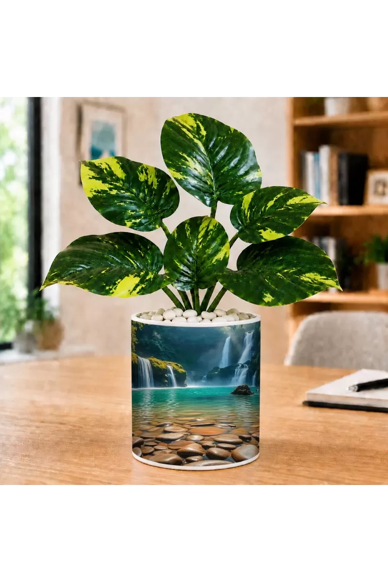 Artificial Tree Ceramic Photo Pot With White Stones 3x4 Inch (F165595)
