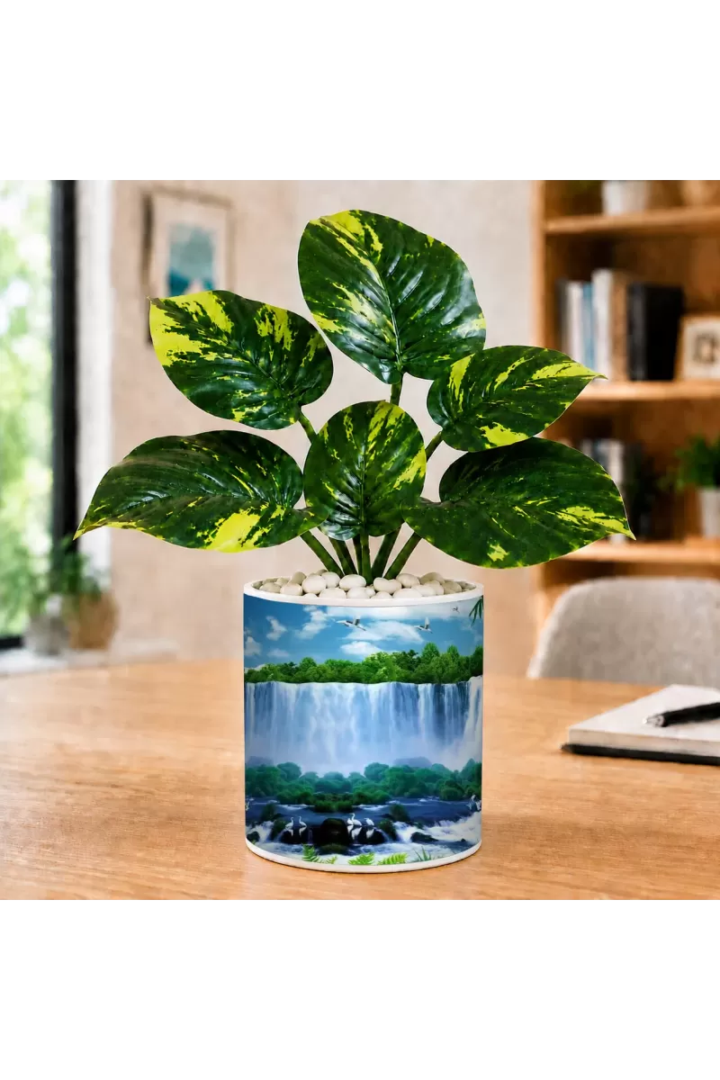 Artificial Tree Ceramic Photo Pot With White Stones 3x4 Inch (F165596)