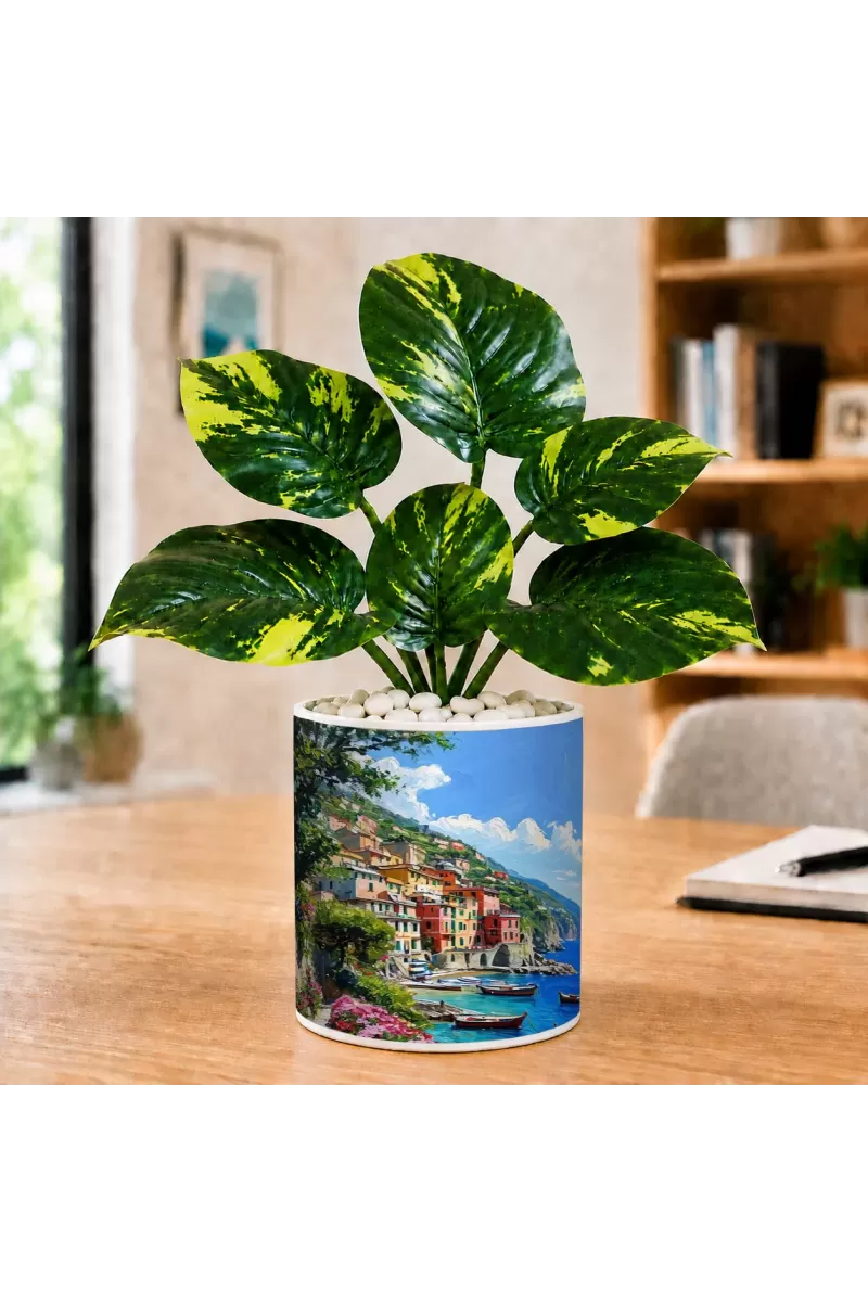 Artificial Tree Ceramic Photo Pot With White Stones 3x4 Inch (F165609)