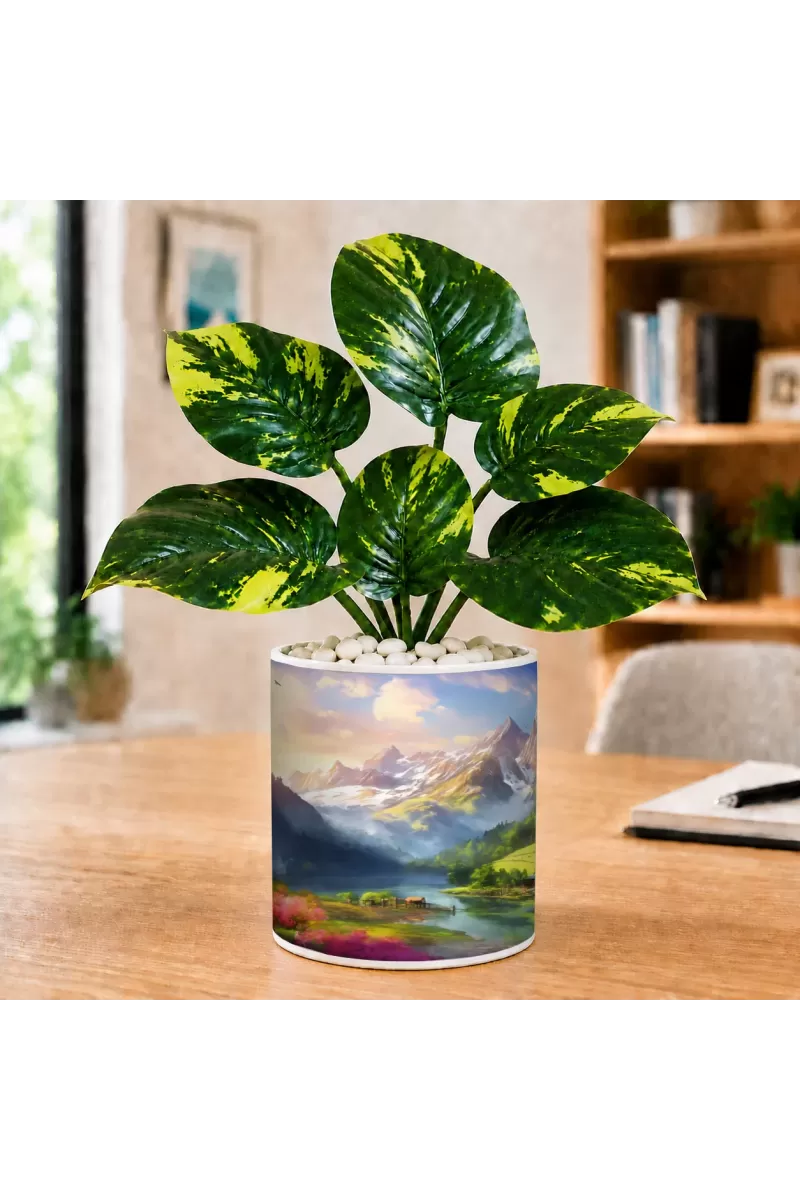 Artificial Tree Ceramic Photo Pot With White Stones 3x4 Inch (F165611)