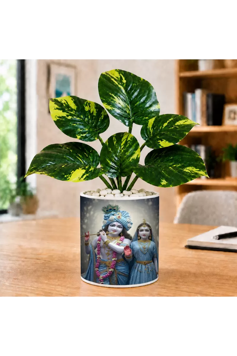 Artificial Tree Ceramic Photo Pot With White Stones 3x4 Inch (F165613)