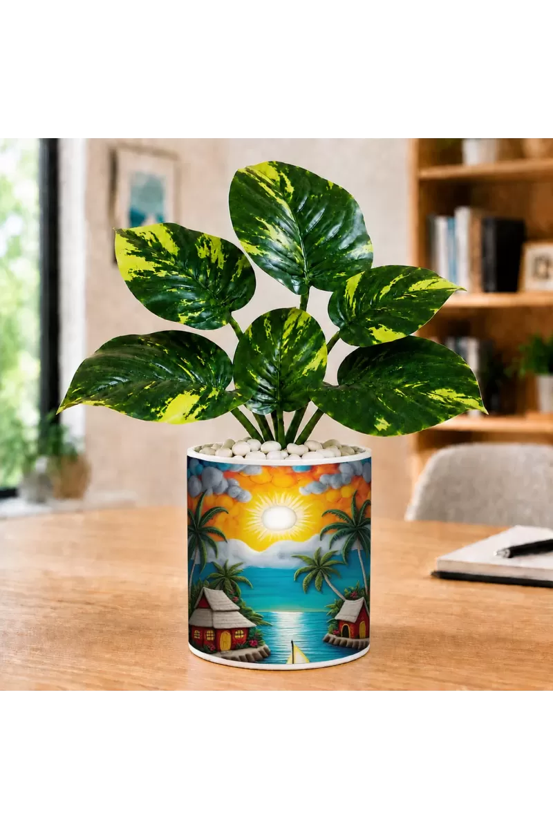 Artificial Tree Ceramic Photo Pot With White Stones 3x4 Inch (F165633)