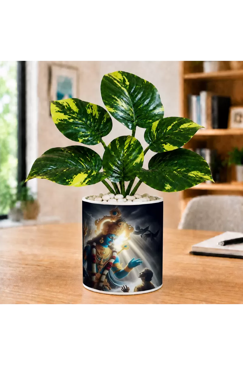 Artificial Tree Ceramic Photo Pot With White Stones 3x4 Inch (F165645)