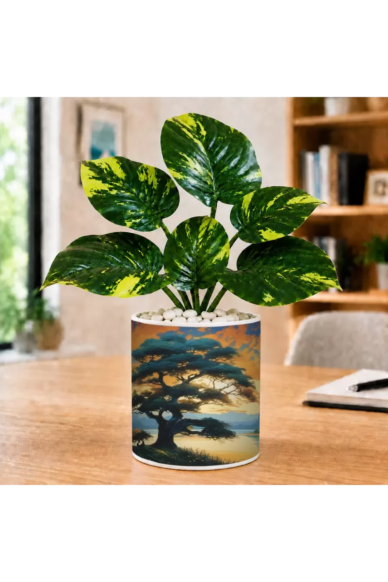 Artificial Tree Ceramic Photo Pot With White Stones 3x4 Inch (F165647)