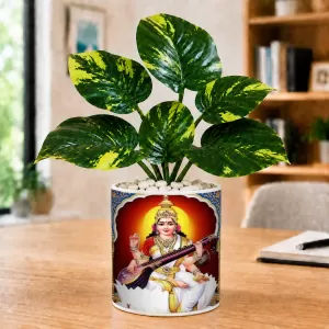 Artificial Tree Ceramic Photo Pot With White Stones 3x4 Inch (F165649)