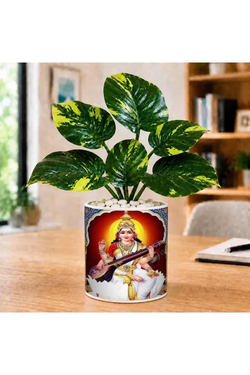 Artificial Tree Ceramic Photo Pot With White Stones 3x4 Inch (F165649)