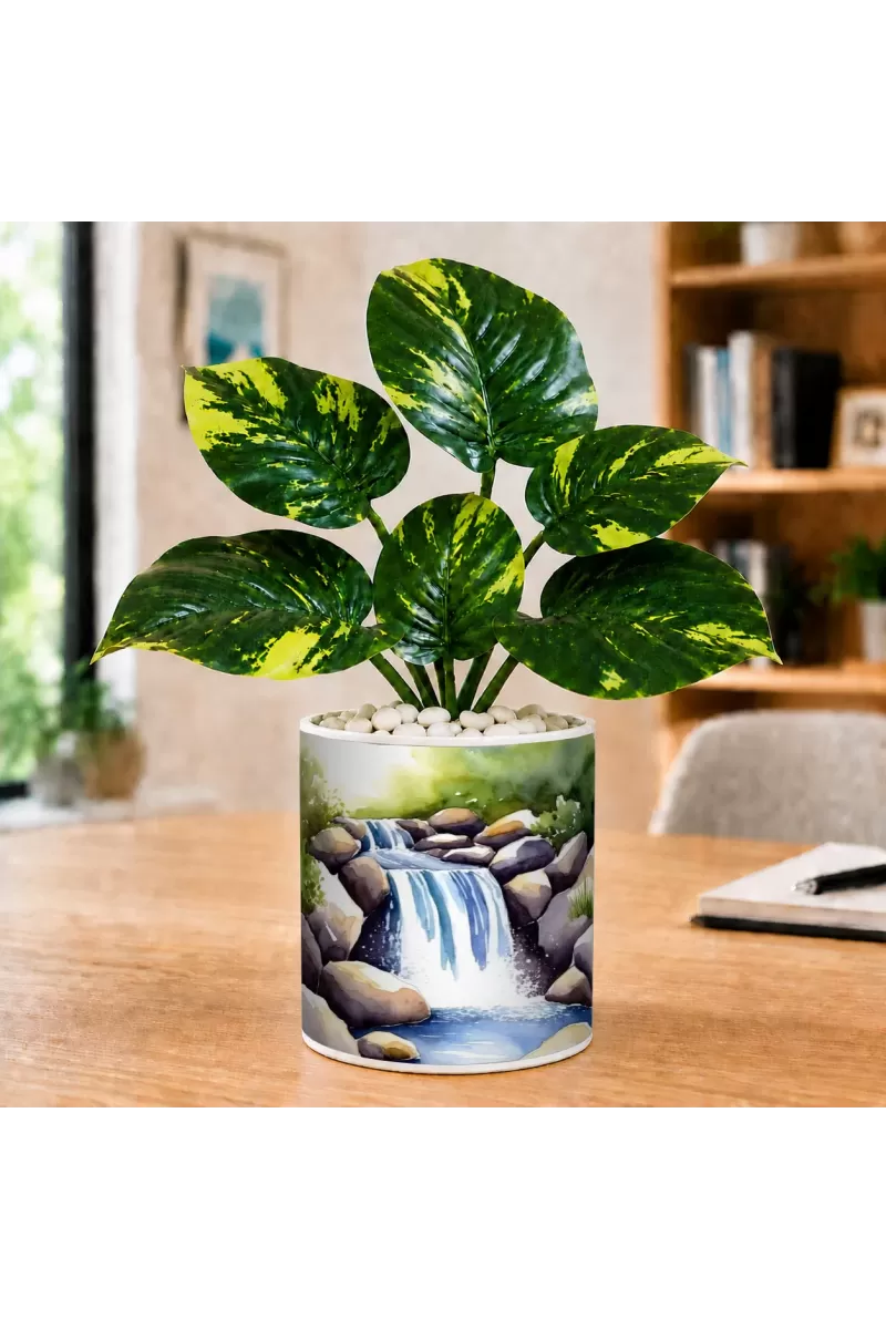Artificial Tree Ceramic Photo Pot With White Stones 3x4 Inch (F165655)