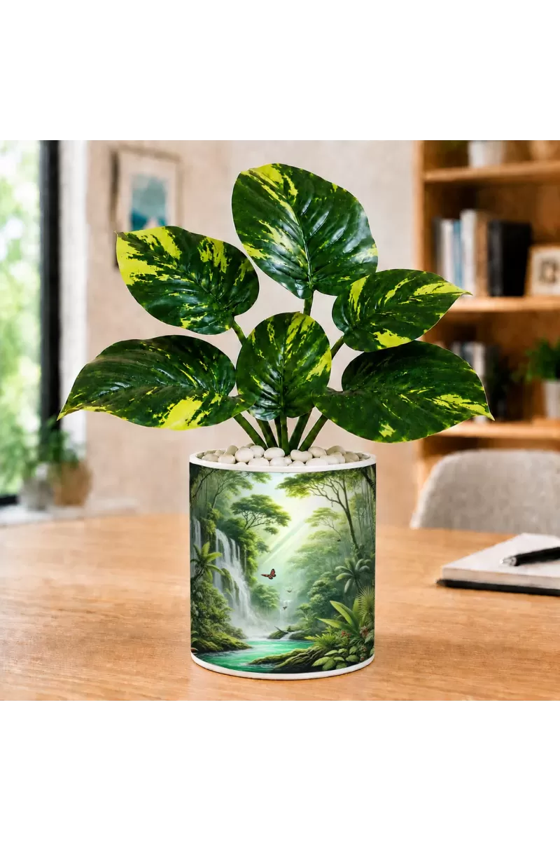 Artificial Tree Ceramic Photo Pot With White Stones 3x4 Inch (F165668)