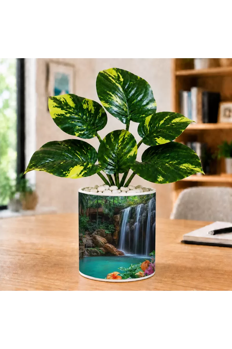 Artificial Tree Ceramic Photo Pot With White Stones 3x4 Inch (F165674)