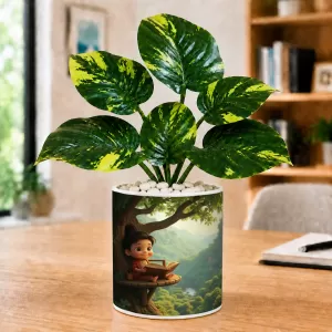 Artificial Tree Ceramic Photo Pot With White Stones 3x4 Inch (F165682)