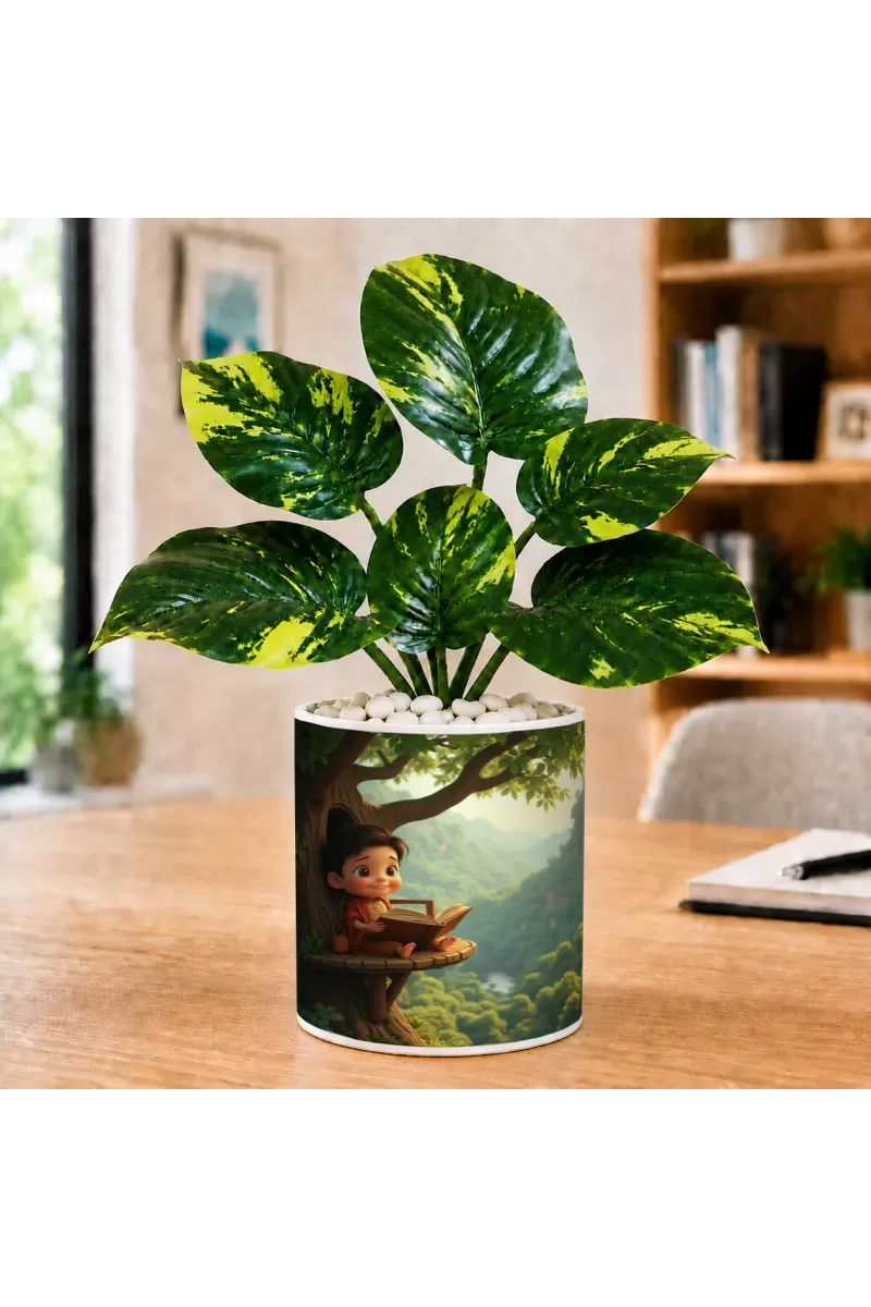 Artificial Tree Ceramic Photo Pot With White Stones 3x4 Inch (F165682)