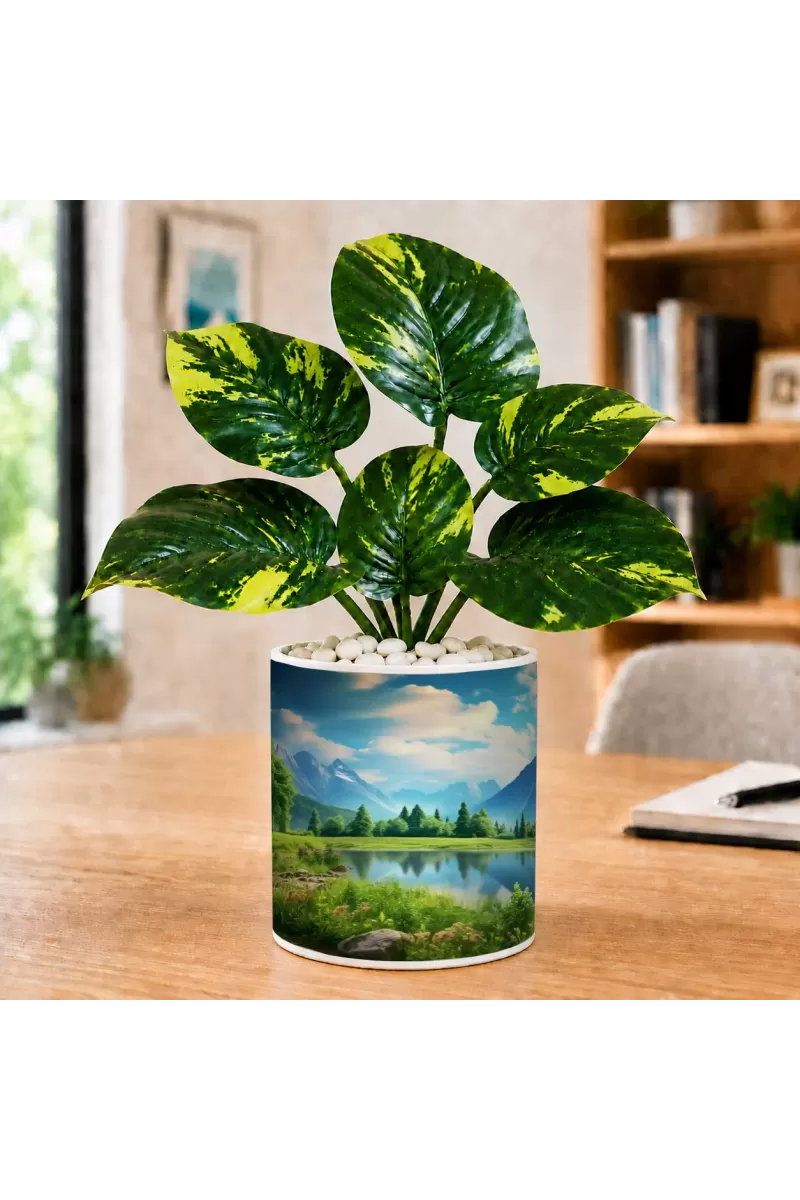 Artificial Tree Ceramic Photo Pot With White Stones 3x4 Inch (F165688)