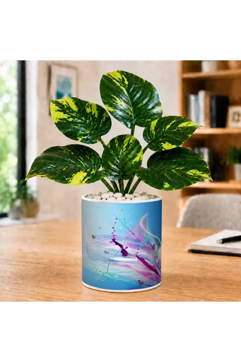 Artificial Tree Ceramic Photo Pot With White Stones 3x4 Inch (F165701)