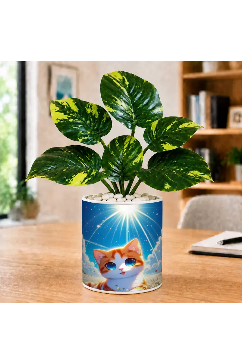 Artificial Tree Ceramic Photo Pot With White Stones 3x4 Inch (F165703)