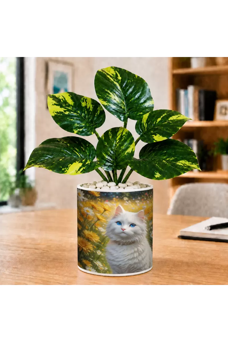 Artificial Tree Ceramic Photo Pot With White Stones 3x4 Inch (F165704)