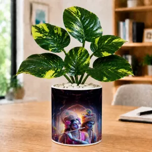 Artificial Tree Ceramic Photo Pot With White Stones 3x4 Inch (F165708)