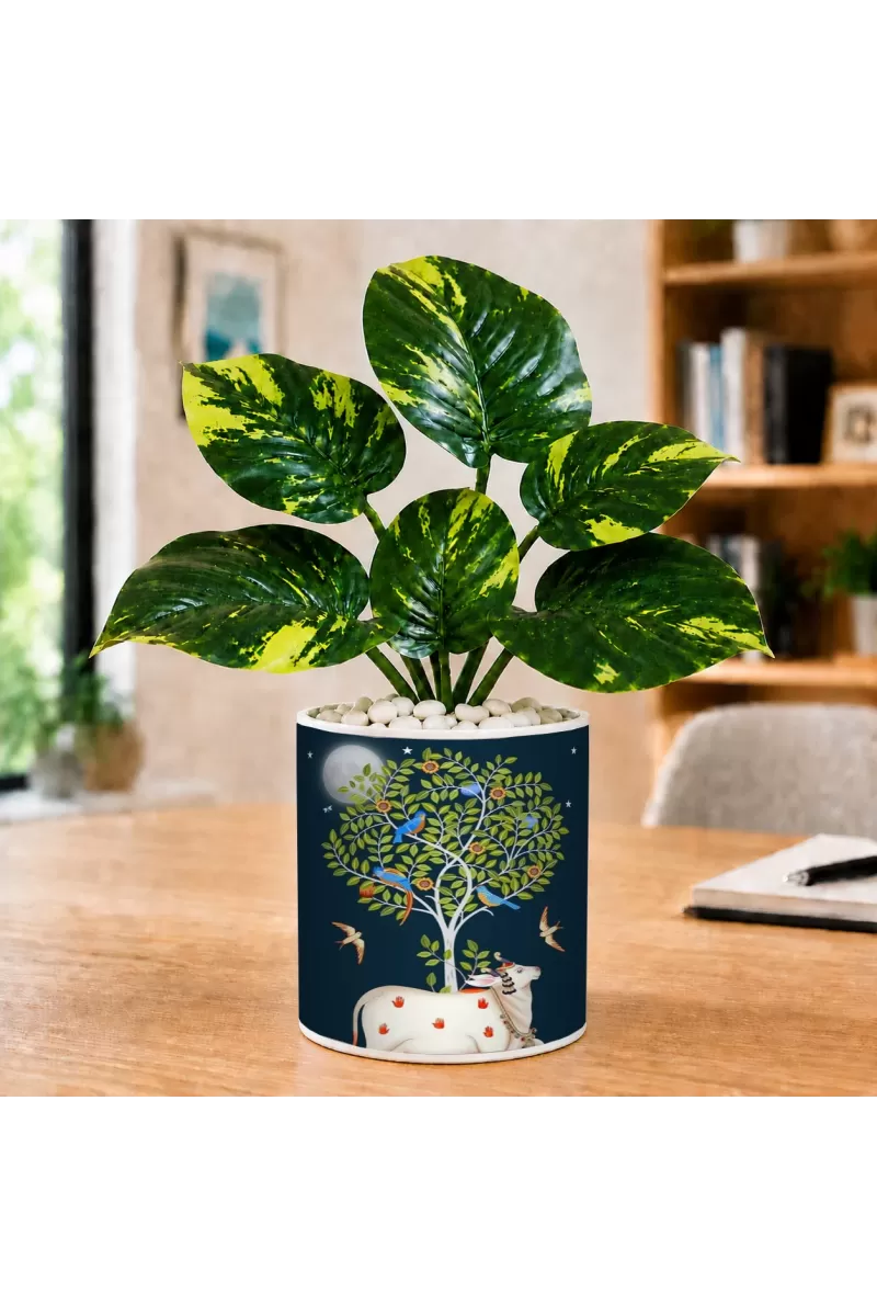 Artificial Tree Ceramic Photo Pot With White Stones 3x4 Inch (F165710)