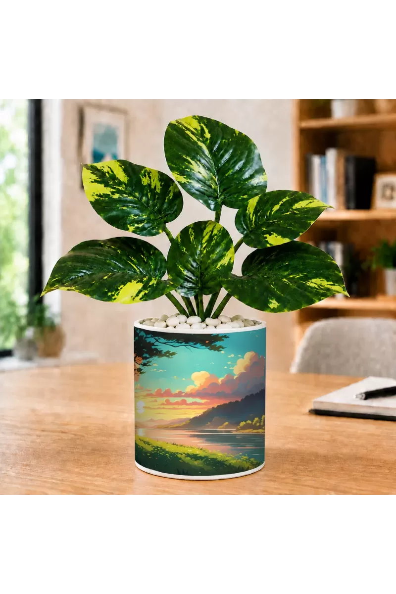 Artificial Tree Ceramic Photo Pot With White Stones 3x4 Inch (F165714)