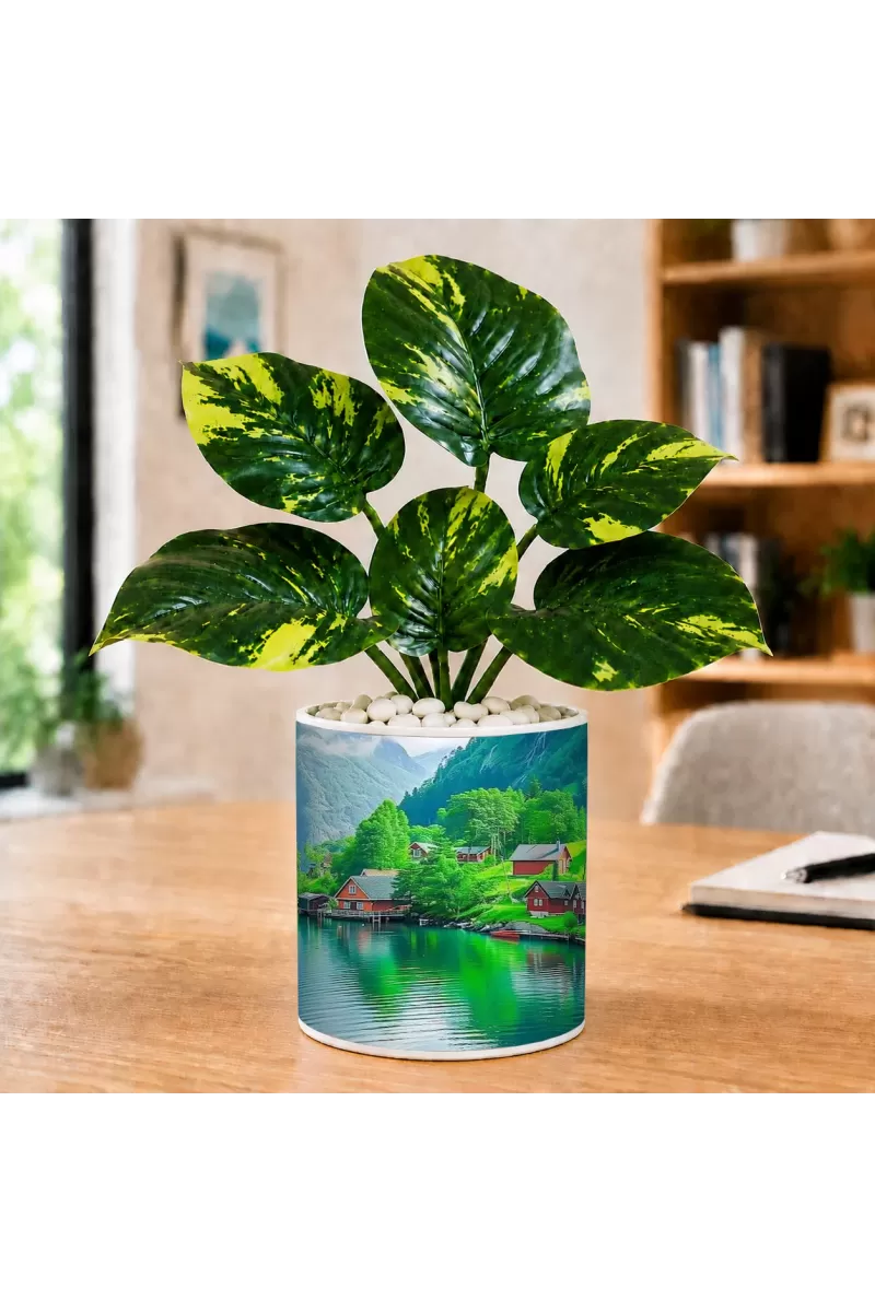 Artificial Tree Ceramic Photo Pot With White Stones 3x4 Inch (F165716)