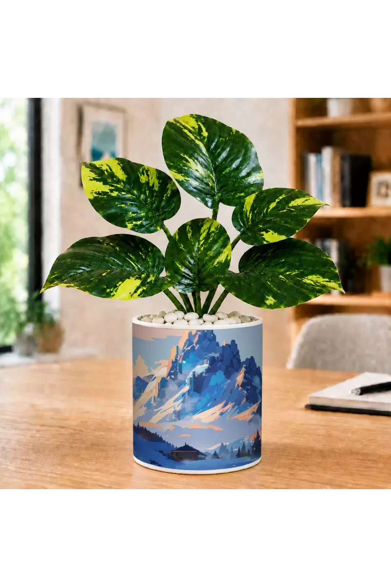 Artificial Tree Ceramic Photo Pot With White Stones 3x4 Inch (F165722)