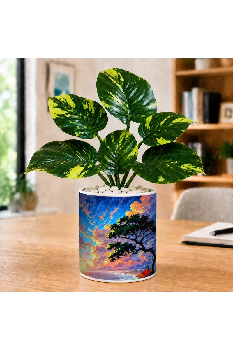 Artificial Tree Ceramic Photo Pot With White Stones 3x4 Inch (F165729)