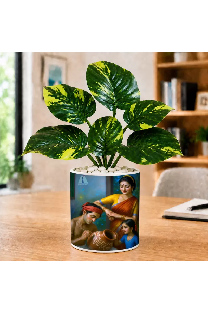 Artificial Tree Ceramic Photo Pot With White Stones 3x4 Inch (F165734)
