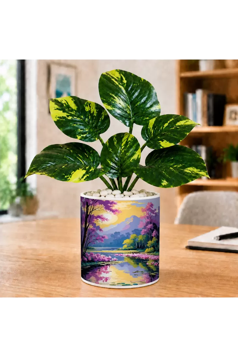 Artificial Tree Ceramic Photo Pot With White Stones 3x4 Inch (F165738)