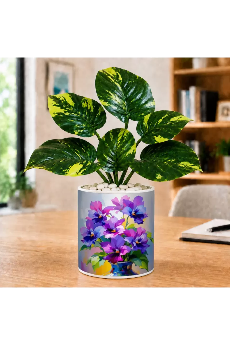 Artificial Tree Ceramic Photo Pot With White Stones 3x4 Inch (F165743)