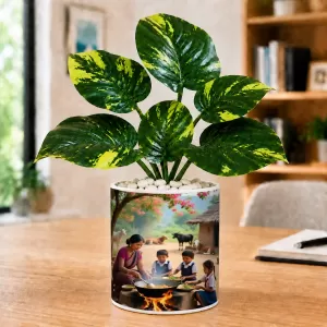 Artificial Tree Ceramic Photo Pot With White Stones 3x4 Inch (F165753)