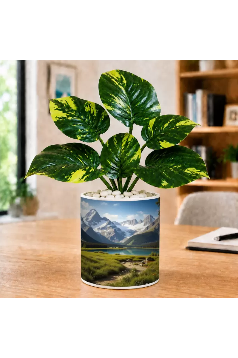 Artificial Tree Ceramic Photo Pot With White Stones 3x4 Inch (F165757)