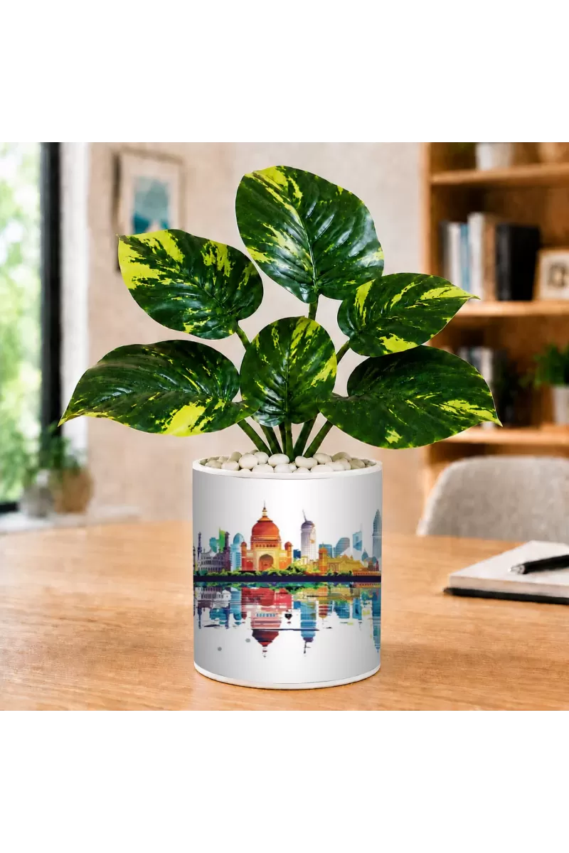 Artificial Tree Ceramic Photo Pot With White Stones 3x4 Inch (F165768)